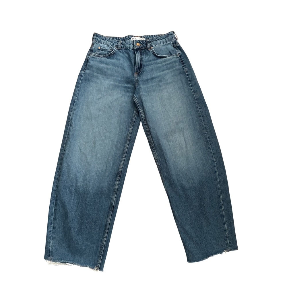 Zara Z1975 Low Rise Balloon Fit Jeans Faded Blue Raw Hem 100% Cotton Size 6